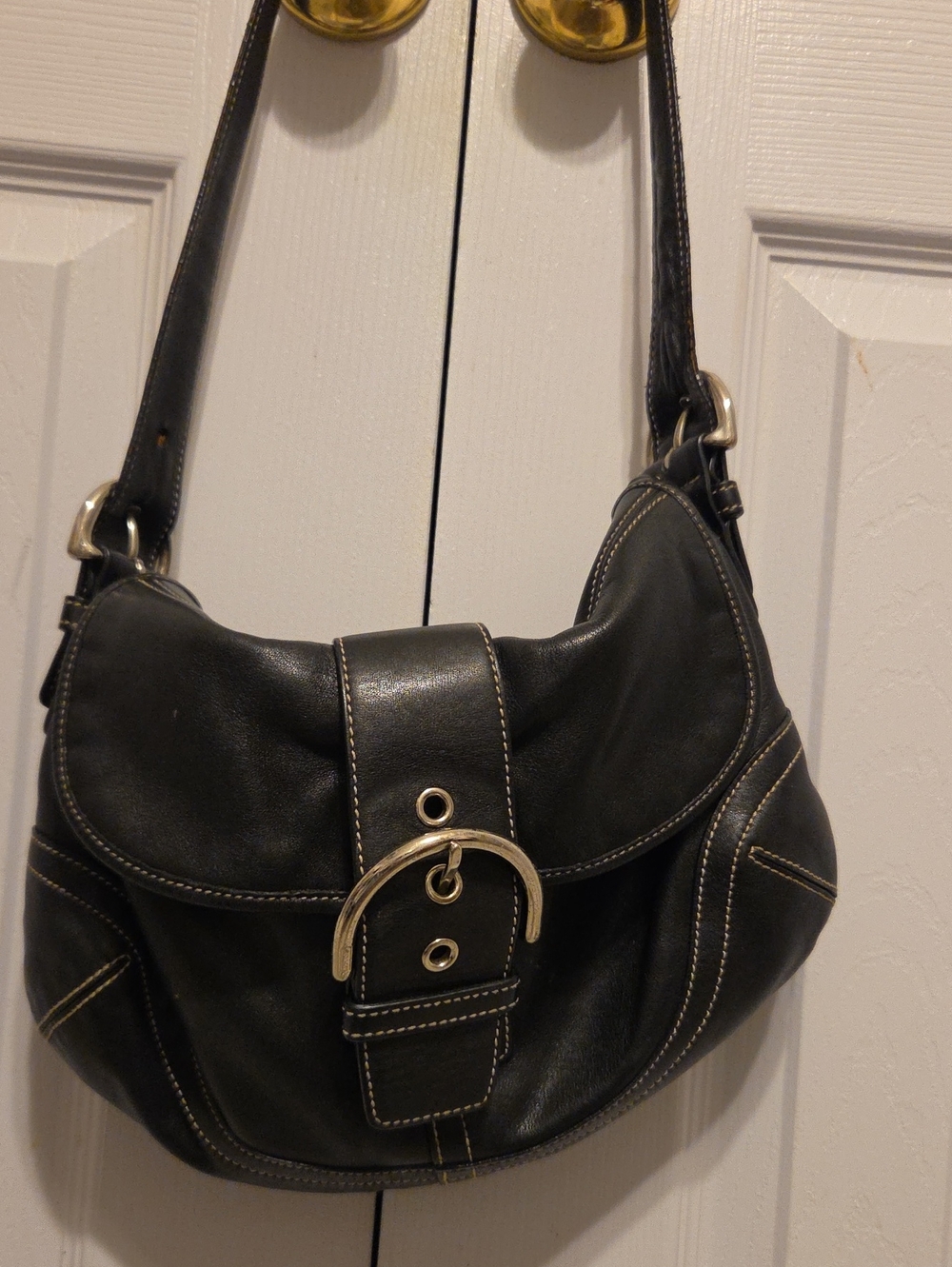 Coach Black Leather Shoulder Bag with Silver Buckle
